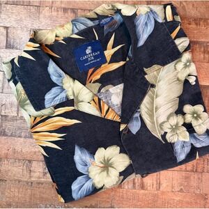 Caribbean Joe Mens Large Silk Tropical Floral L Camp Shirt Black Hibiscus Aloha